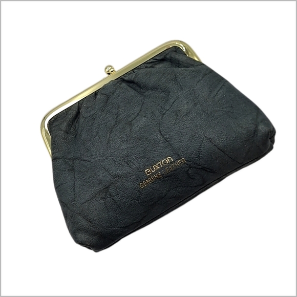 Buxton Handbags - 👣 4/$20.  Buxton ~ Genuine Leather Black Kiss-Lip Closure Coin Bag. 4" x 3.5"